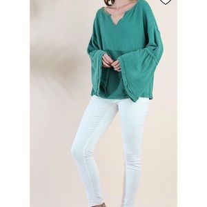 Umgee Waffle Knit Bell Sleeve Shirt *Blue not Teal